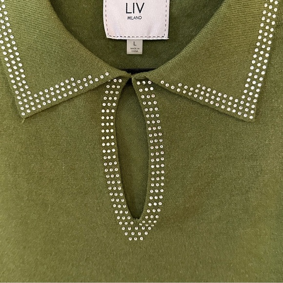 Liv Milano sweater rhinestone bow collar with keyhole olive green size Large - Picture 3 of 9